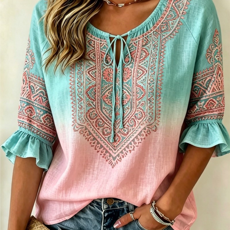 Ethnic Fashion Wear - Kadınlar için Degrade Mavi Pembe Etnik